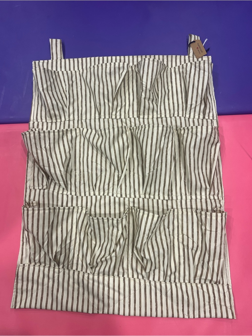 Handmade Fabric Hanging Wall Organizer - Striped Canvas Storage Caddy w/ Pockets